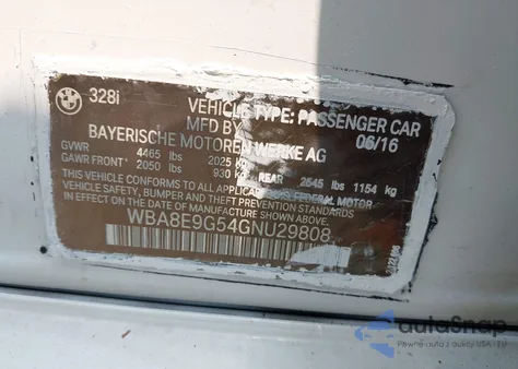 2016 BMW 328I from USA, damaged, VIN WBA8E9G54GNU29808